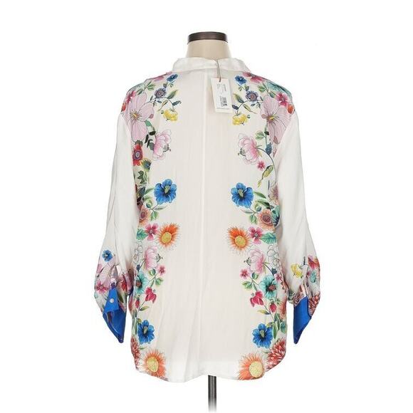 Johnny Was Gali 100% Silk Button Down Top XL Floral Boho Chic Roll Tab Sleeves - Picture 5 of 9